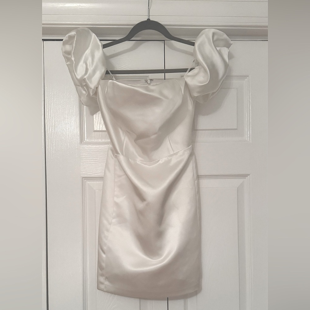 Lulu’s Significant Sensation White Satin Off-the-Shoulder Mini Dress